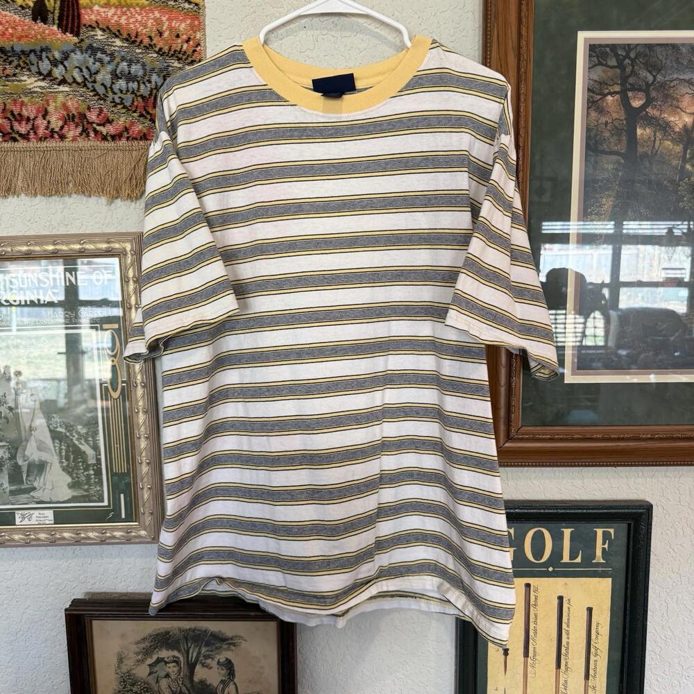 Vintage‎ 90s Puritan Mens Yellow Striped Surfing Short Sleeve Shirt Size Large